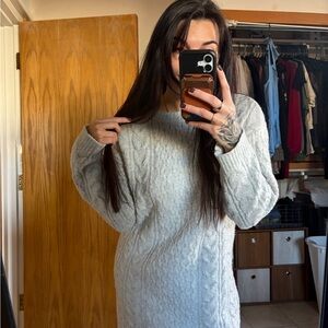 Elegant Light Gray Cable Knit Sweater Dress